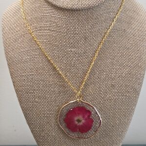 Gold Necklace with Pink Flower Pendant